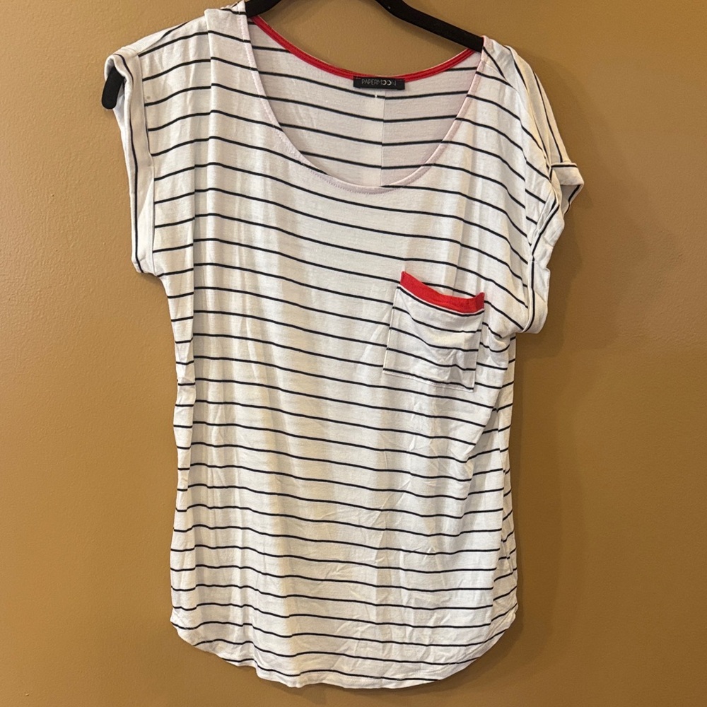 Papermoon White and Black Striped Tee with Red Accents